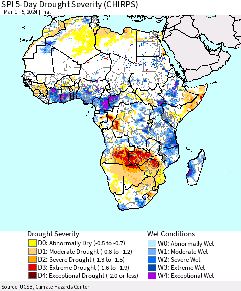 Africa SPI 5-Day Drought Severity (CHIRPS) Thematic Map For 3/1/2024 - 3/5/2024