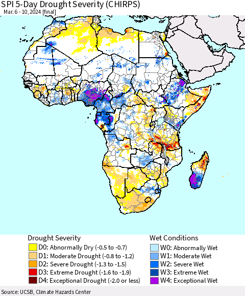 Africa SPI 5-Day Drought Severity (CHIRPS) Thematic Map For 3/6/2024 - 3/10/2024