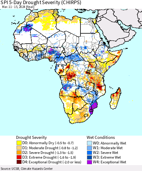 Africa SPI 5-Day Drought Severity (CHIRPS) Thematic Map For 3/11/2024 - 3/15/2024