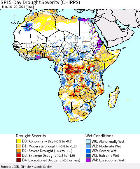 Africa SPI 5-Day Drought Severity (CHIRPS) Thematic Map For 3/16/2024 - 3/20/2024