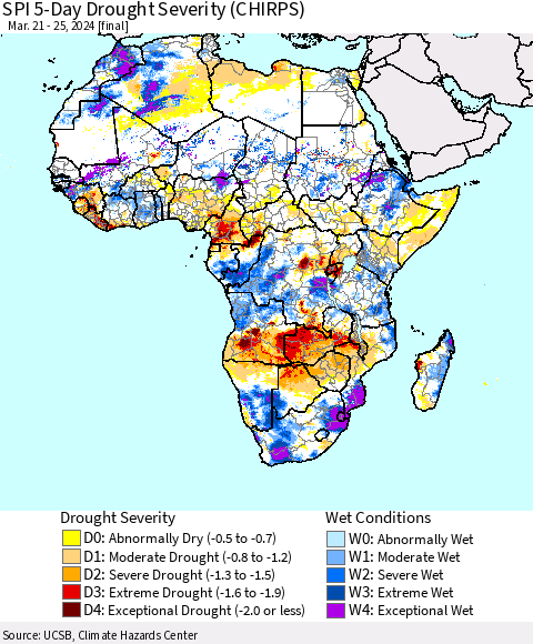 Africa SPI 5-Day Drought Severity (CHIRPS) Thematic Map For 3/21/2024 - 3/25/2024