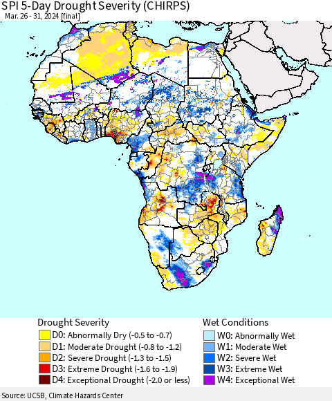Africa SPI 5-Day Drought Severity (CHIRPS) Thematic Map For 3/26/2024 - 3/31/2024
