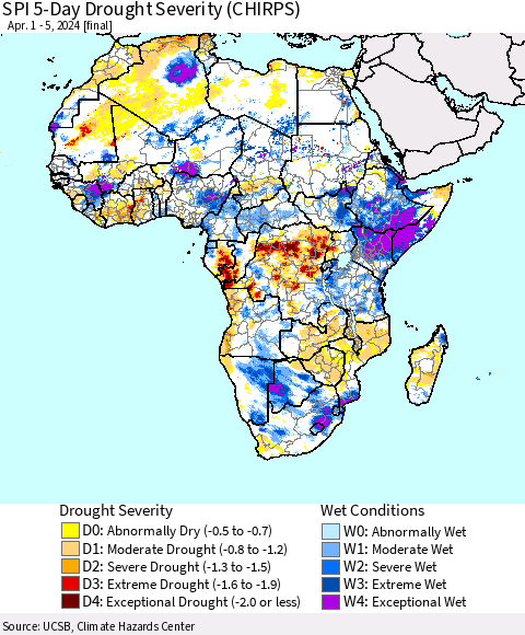 Africa SPI 5-Day Drought Severity (CHIRPS) Thematic Map For 4/1/2024 - 4/5/2024