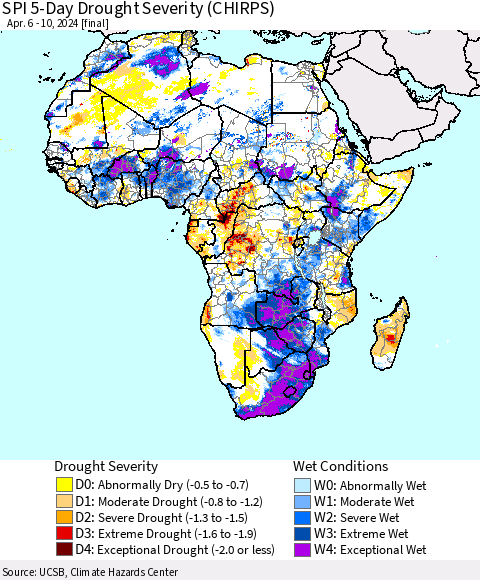 Africa SPI 5-Day Drought Severity (CHIRPS) Thematic Map For 4/6/2024 - 4/10/2024