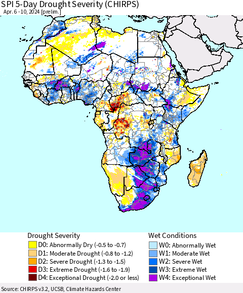 Africa SPI 5-Day Drought Severity (CHIRPS) Thematic Map For 4/6/2024 - 4/10/2024