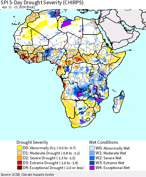 Africa SPI 5-Day Drought Severity (CHIRPS) Thematic Map For 4/11/2024 - 4/15/2024