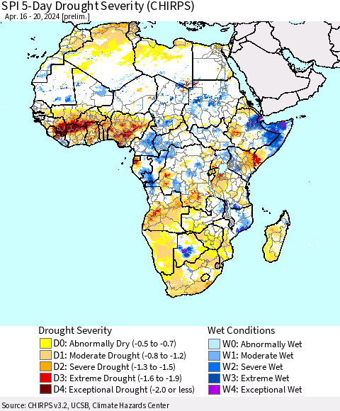 Africa SPI 5-Day Drought Severity (CHIRPS) Thematic Map For 4/16/2024 - 4/20/2024