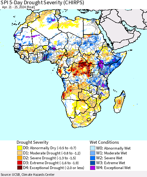 Africa SPI 5-Day Drought Severity (CHIRPS) Thematic Map For 4/21/2024 - 4/25/2024