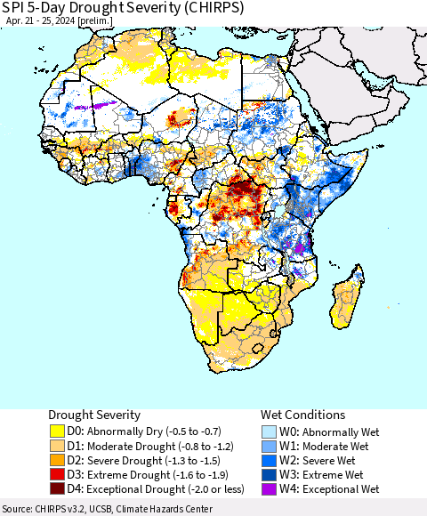 Africa SPI 5-Day Drought Severity (CHIRPS) Thematic Map For 4/21/2024 - 4/25/2024