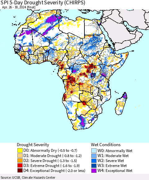 Africa SPI 5-Day Drought Severity (CHIRPS) Thematic Map For 4/26/2024 - 4/30/2024
