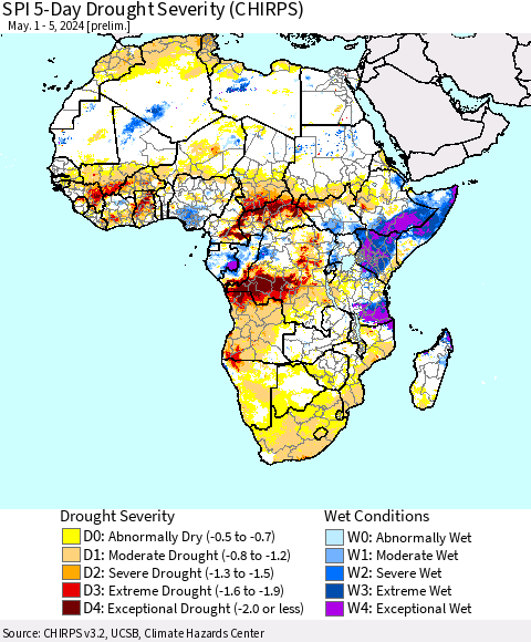 Africa SPI 5-Day Drought Severity (CHIRPS) Thematic Map For 5/1/2024 - 5/5/2024