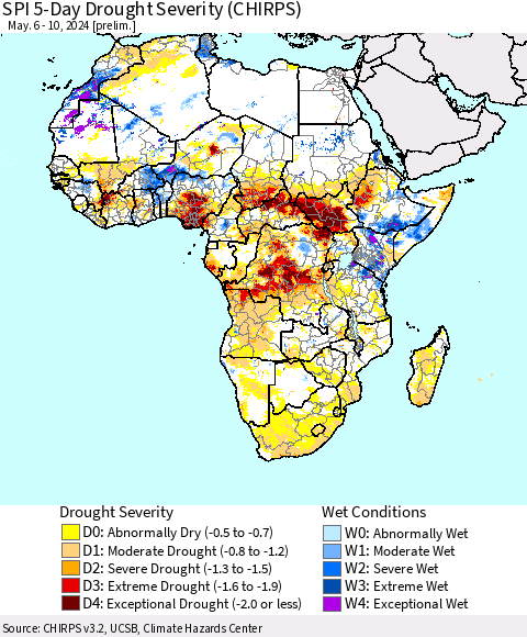 Africa SPI 5-Day Drought Severity (CHIRPS) Thematic Map For 5/6/2024 - 5/10/2024