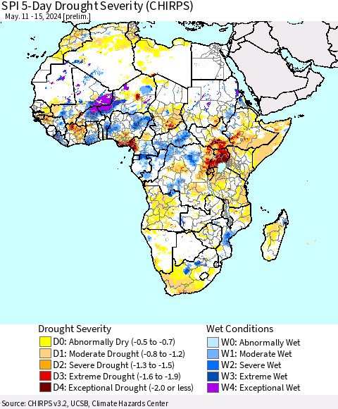 Africa SPI 5-Day Drought Severity (CHIRPS) Thematic Map For 5/11/2024 - 5/15/2024
