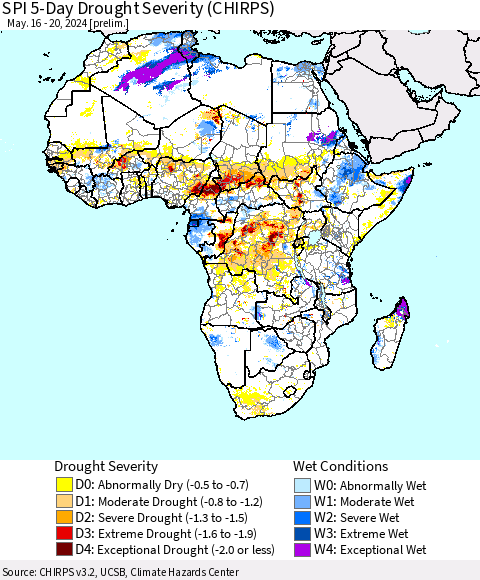 Africa SPI 5-Day Drought Severity (CHIRPS) Thematic Map For 5/16/2024 - 5/20/2024