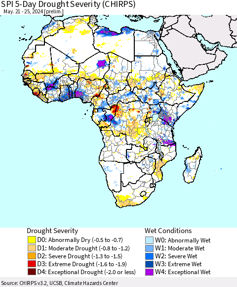 Africa SPI 5-Day Drought Severity (CHIRPS) Thematic Map For 5/21/2024 - 5/25/2024
