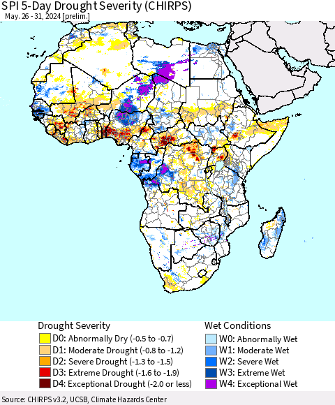 Africa SPI 5-Day Drought Severity (CHIRPS) Thematic Map For 5/26/2024 - 5/31/2024