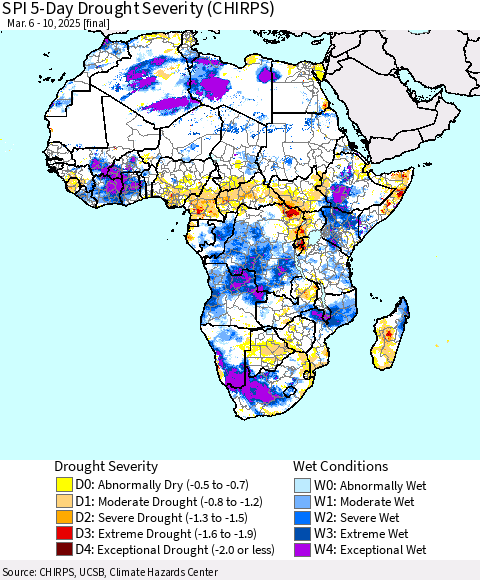 Africa SPI 5-Day Drought Severity (CHIRPS) Thematic Map For 3/6/2025 - 3/10/2025