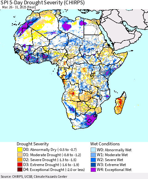 Africa SPI 5-Day Drought Severity (CHIRPS) Thematic Map For 3/26/2025 - 3/31/2025