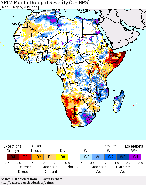 Africa SPI 2-Month Drought Severity (CHIRPS) Thematic Map For 3/6/2019 - 5/5/2019