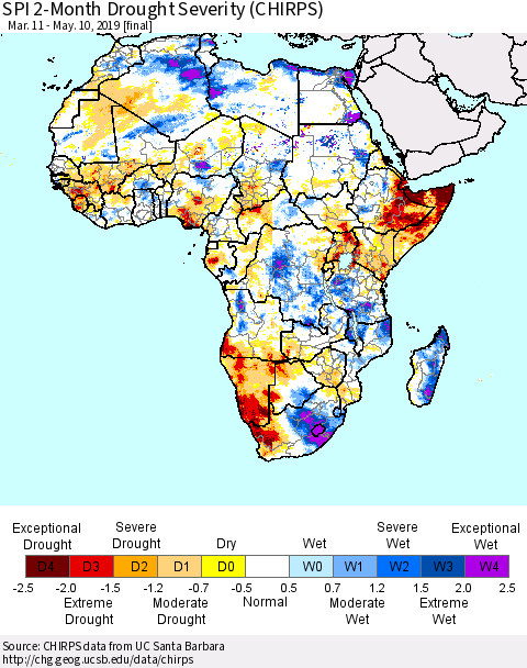 Africa SPI 2-Month Drought Severity (CHIRPS) Thematic Map For 3/11/2019 - 5/10/2019