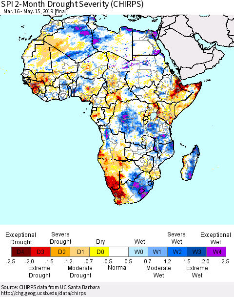 Africa SPI 2-Month Drought Severity (CHIRPS) Thematic Map For 3/16/2019 - 5/15/2019