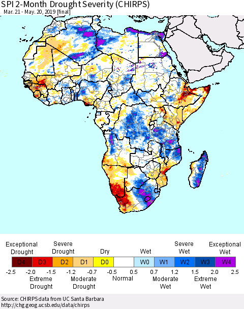 Africa SPI 2-Month Drought Severity (CHIRPS) Thematic Map For 3/21/2019 - 5/20/2019
