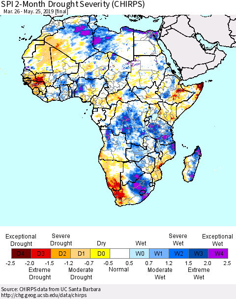 Africa SPI 2-Month Drought Severity (CHIRPS) Thematic Map For 3/26/2019 - 5/25/2019