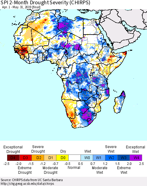 Africa SPI 2-Month Drought Severity (CHIRPS) Thematic Map For 4/1/2019 - 5/31/2019