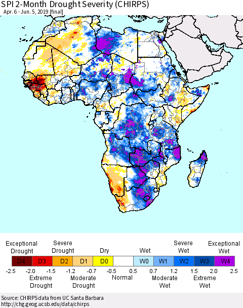 Africa SPI 2-Month Drought Severity (CHIRPS) Thematic Map For 4/6/2019 - 6/5/2019
