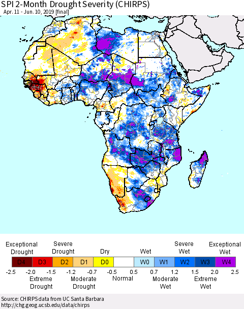 Africa SPI 2-Month Drought Severity (CHIRPS) Thematic Map For 4/11/2019 - 6/10/2019
