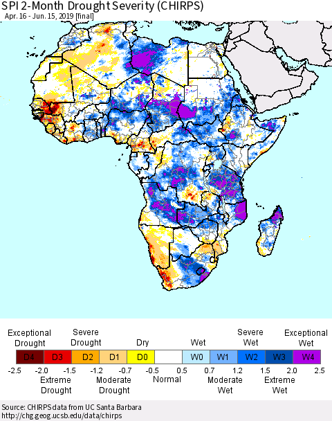 Africa SPI 2-Month Drought Severity (CHIRPS) Thematic Map For 4/16/2019 - 6/15/2019