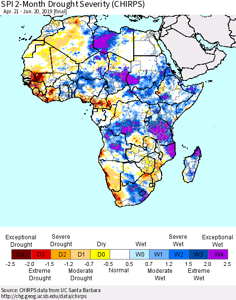 Africa SPI 2-Month Drought Severity (CHIRPS) Thematic Map For 4/21/2019 - 6/20/2019