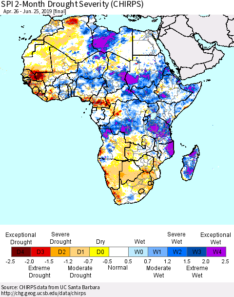 Africa SPI 2-Month Drought Severity (CHIRPS) Thematic Map For 4/26/2019 - 6/25/2019