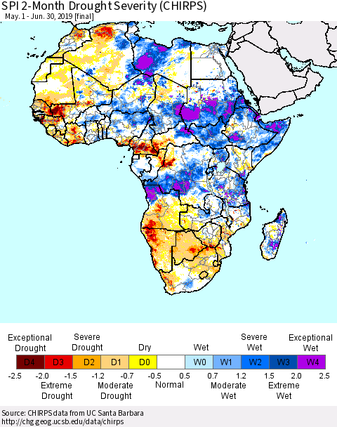 Africa SPI 2-Month Drought Severity (CHIRPS) Thematic Map For 5/1/2019 - 6/30/2019