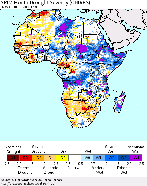 Africa SPI 2-Month Drought Severity (CHIRPS) Thematic Map For 5/6/2019 - 7/5/2019