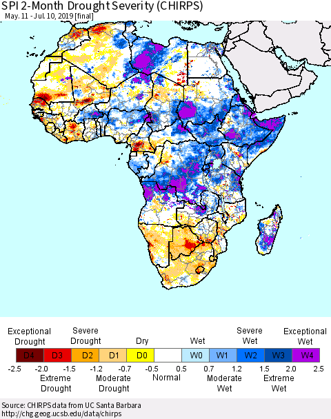 Africa SPI 2-Month Drought Severity (CHIRPS) Thematic Map For 5/11/2019 - 7/10/2019