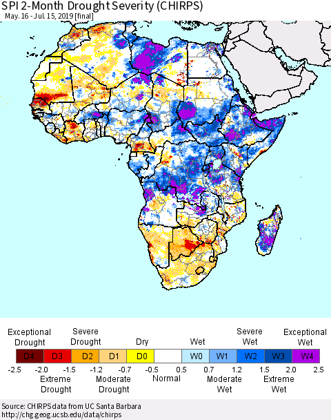 Africa SPI 2-Month Drought Severity (CHIRPS) Thematic Map For 5/16/2019 - 7/15/2019