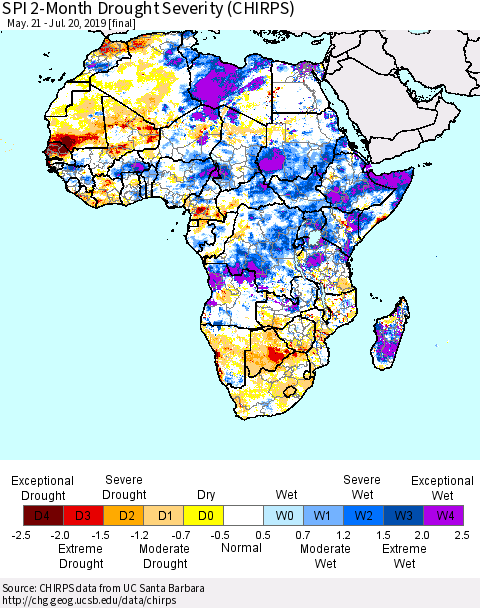 Africa SPI 2-Month Drought Severity (CHIRPS) Thematic Map For 5/21/2019 - 7/20/2019