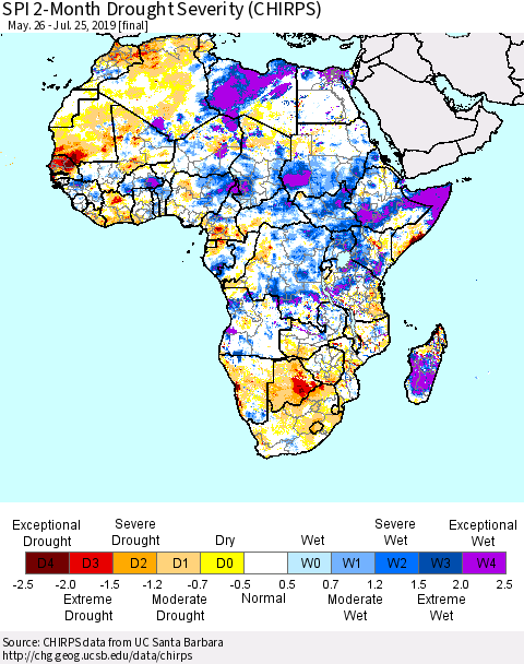 Africa SPI 2-Month Drought Severity (CHIRPS) Thematic Map For 5/26/2019 - 7/25/2019
