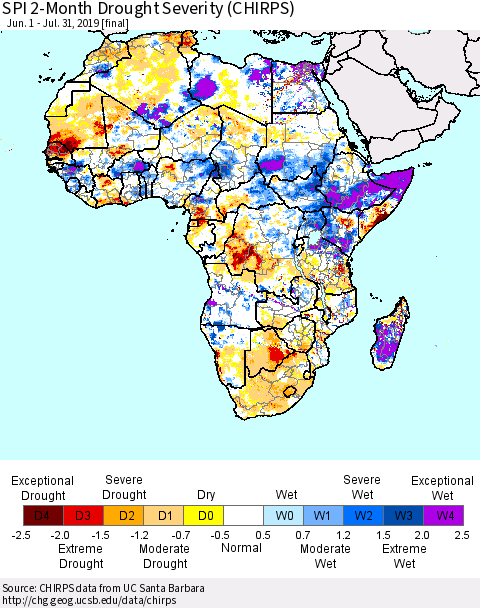 Africa SPI 2-Month Drought Severity (CHIRPS) Thematic Map For 6/1/2019 - 7/31/2019