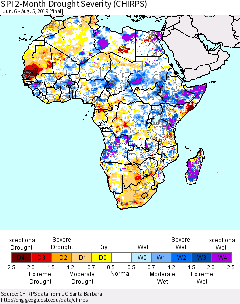Africa SPI 2-Month Drought Severity (CHIRPS) Thematic Map For 6/6/2019 - 8/5/2019