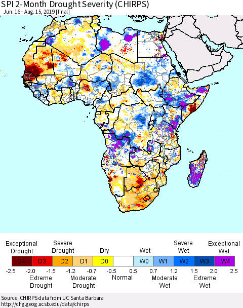 Africa SPI 2-Month Drought Severity (CHIRPS) Thematic Map For 6/16/2019 - 8/15/2019