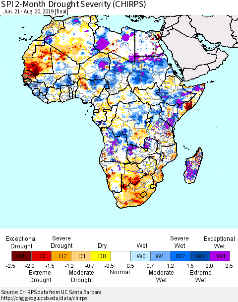 Africa SPI 2-Month Drought Severity (CHIRPS) Thematic Map For 6/21/2019 - 8/20/2019