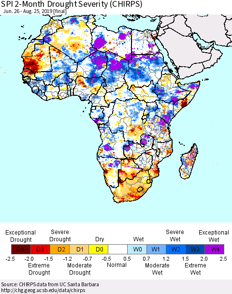 Africa SPI 2-Month Drought Severity (CHIRPS) Thematic Map For 6/26/2019 - 8/25/2019