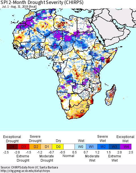 Africa SPI 2-Month Drought Severity (CHIRPS) Thematic Map For 7/1/2019 - 8/31/2019