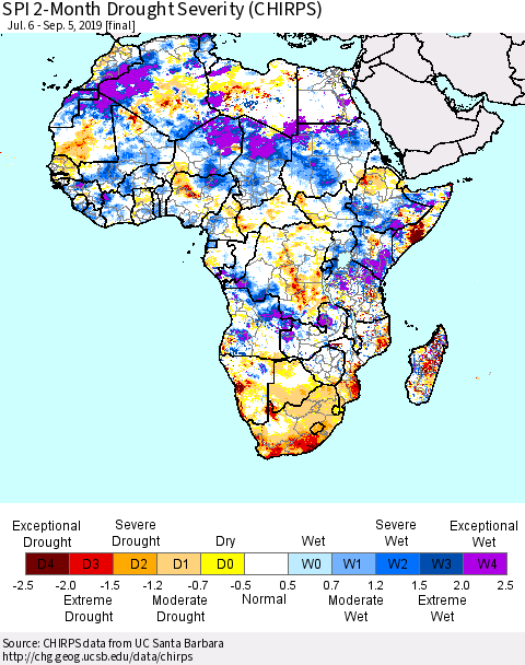 Africa SPI 2-Month Drought Severity (CHIRPS) Thematic Map For 7/6/2019 - 9/5/2019