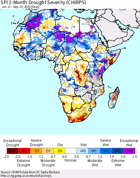 Africa SPI 2-Month Drought Severity (CHIRPS) Thematic Map For 7/11/2019 - 9/10/2019