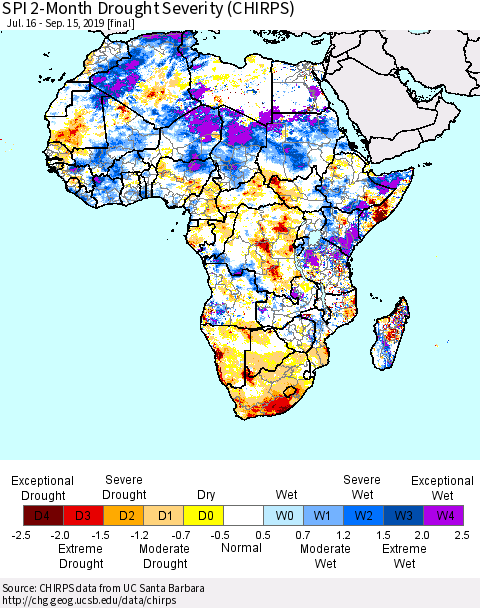 Africa SPI 2-Month Drought Severity (CHIRPS) Thematic Map For 7/16/2019 - 9/15/2019