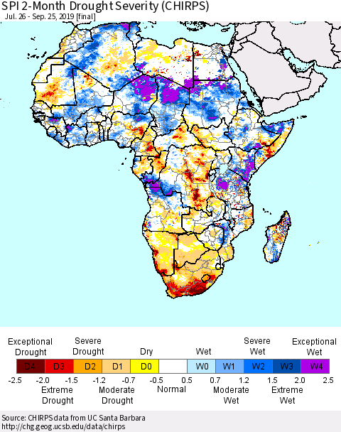 Africa SPI 2-Month Drought Severity (CHIRPS) Thematic Map For 7/26/2019 - 9/25/2019