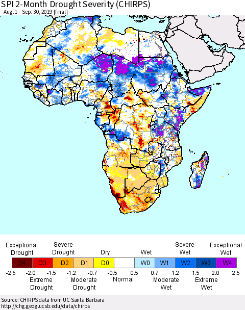 Africa SPI 2-Month Drought Severity (CHIRPS) Thematic Map For 8/1/2019 - 9/30/2019